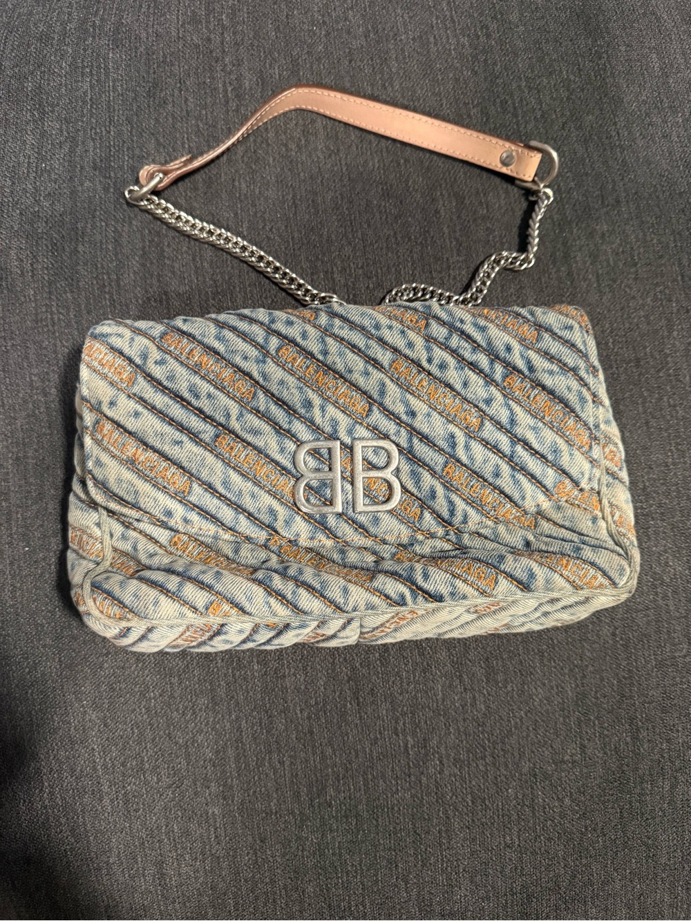 Balenciaga Light Blue Denim Quilted BB Shoulder Bag with Tan Strap Accent